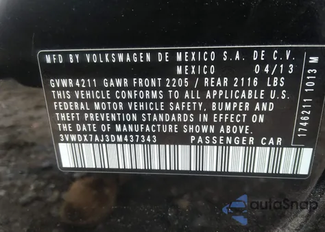 2013 Volkswagen Jetta 2.5L Se из США, поврежденный, VIN 3VWDX7AJ3DM437343